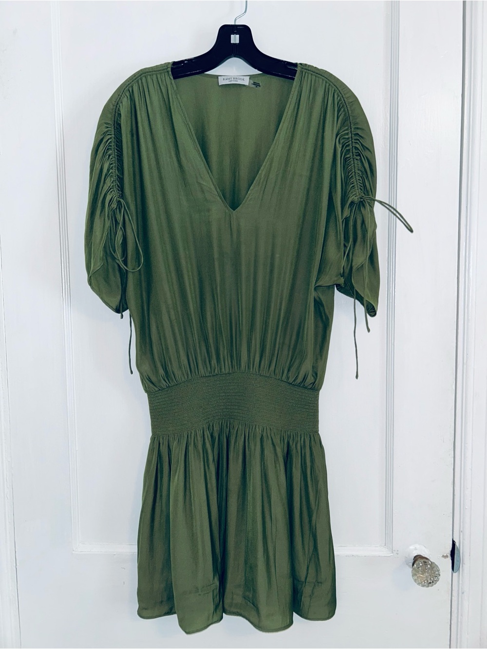 Ramy Brook Olive Green V-Neck Smocked Waist Mini Dress